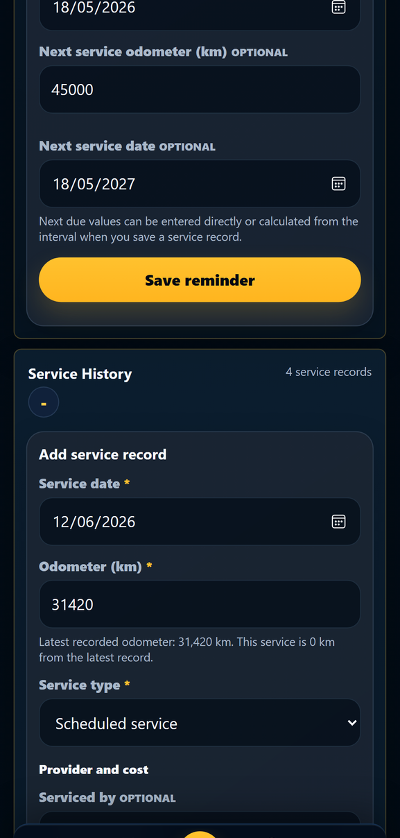 Current FillTrack service history and reminder screen.